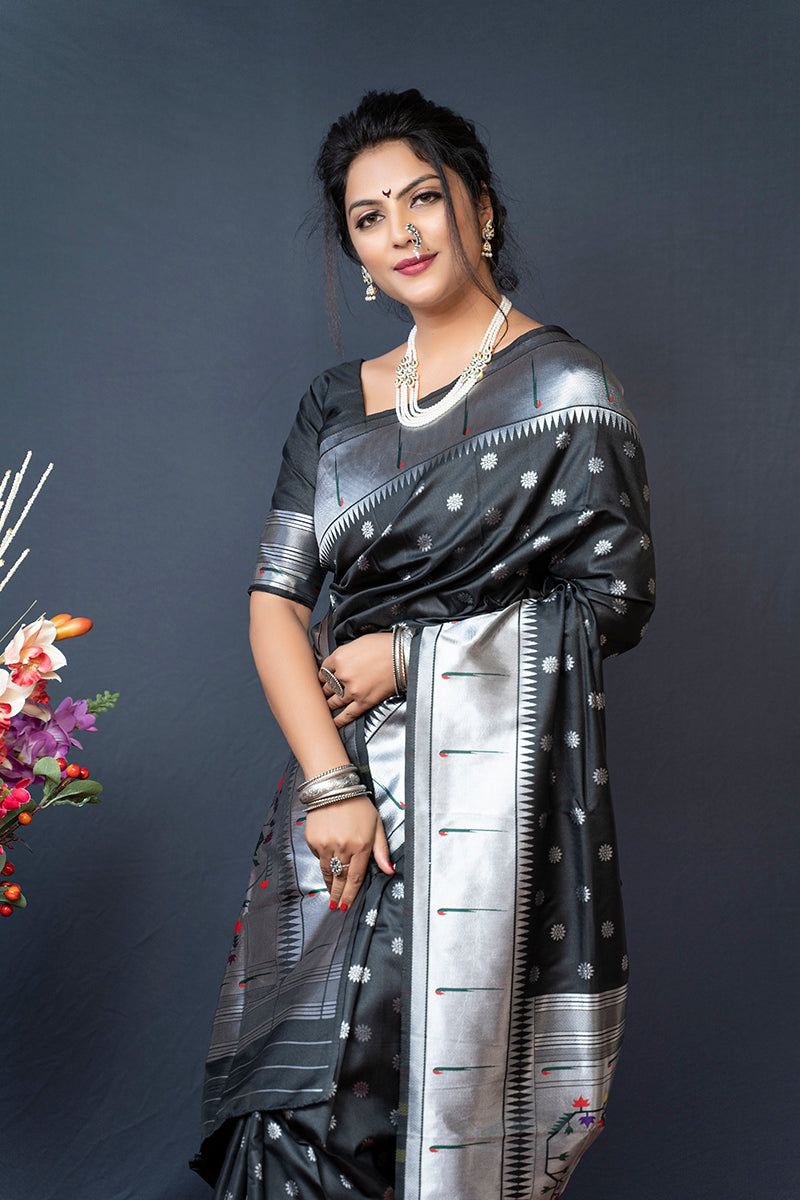 Monjolika Fashion Black Silk Blend Saree With Silver Zari Booti & Traditional Floral Pallu | Grocsy