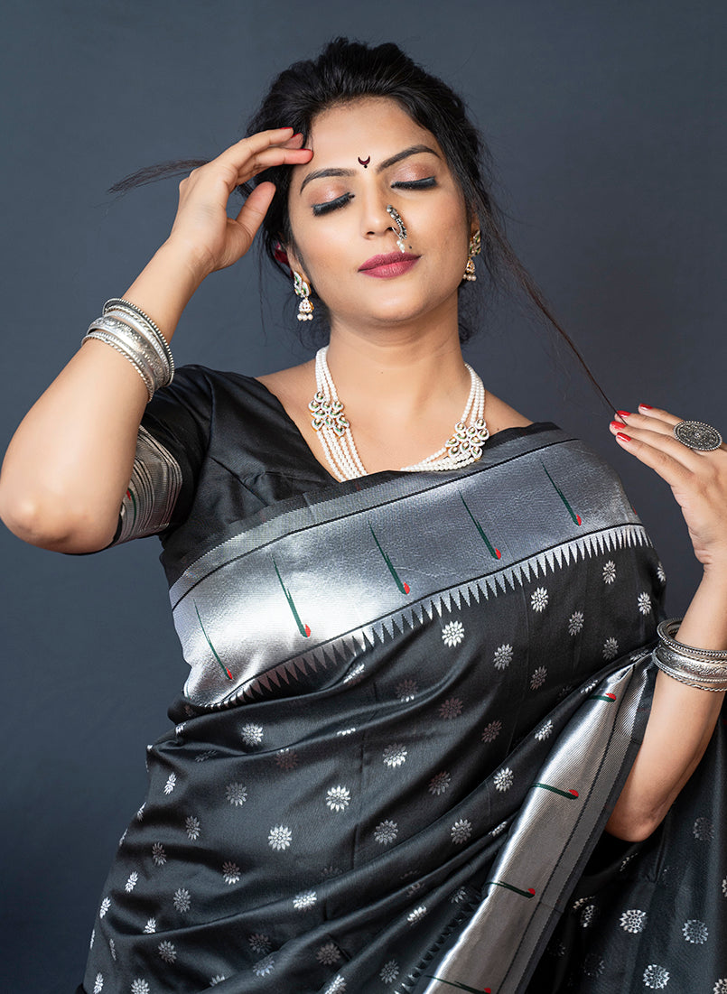 Monjolika Fashion Black Silk Blend Saree With Silver Zari Booti & Traditional Floral Pallu | Grocsy