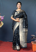 Monjolika Fashion Black Banarasi Silk Blend Saree with Silver Zari Border & Woven Pallu | Grocsy