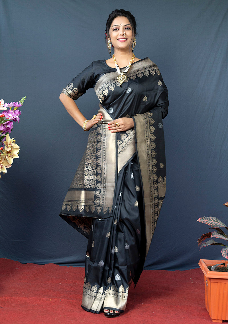 Monjolika Fashion Black Banarasi Silk Blend Saree with Silver Zari Border & Woven Pallu | Grocsy