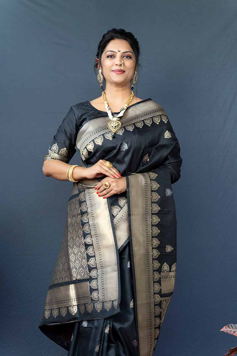 Monjolika Fashion Black Banarasi Silk Blend Saree with Silver Zari Border & Woven Pallu | Grocsy