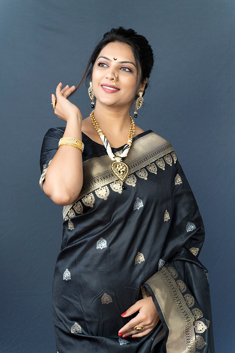 Monjolika Fashion Black Banarasi Silk Blend Saree with Silver Zari Border & Woven Pallu | Grocsy