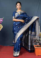 Monjolika Fashion Navy Blue Banarasi Silk Blend Saree with Silver Zari Border & Woven Pallu | Grocsy