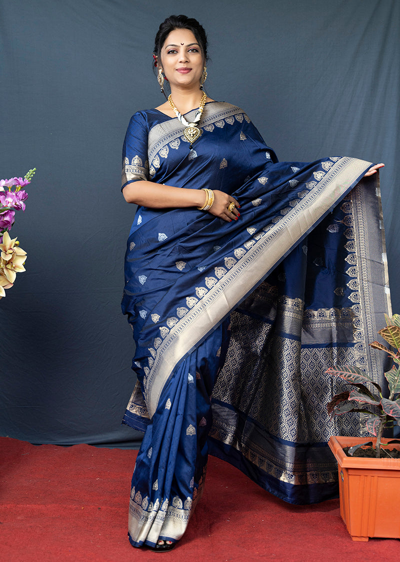 Monjolika Fashion Navy Blue Banarasi Silk Blend Saree with Silver Zari Border & Woven Pallu | Grocsy
