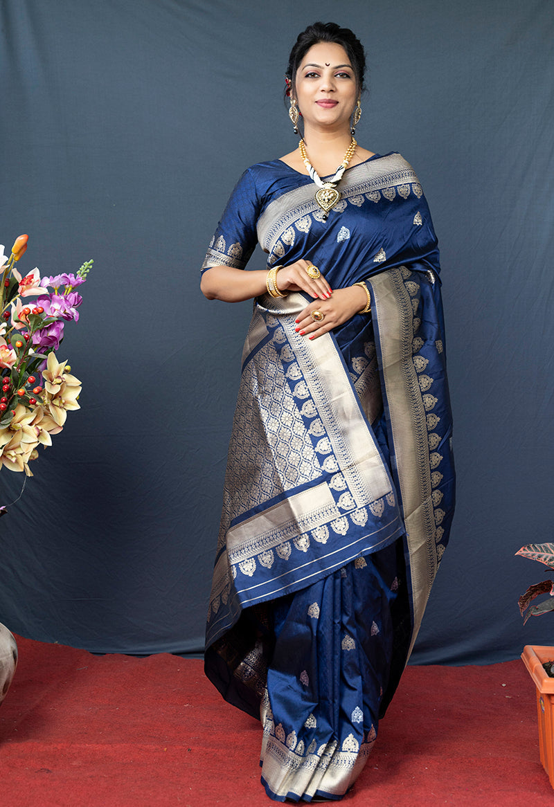Monjolika Fashion Navy Blue Banarasi Silk Blend Saree with Silver Zari Border & Woven Pallu | Grocsy