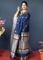 Monjolika Fashion Navy Blue Banarasi Silk Blend Saree with Silver Zari Border & Woven Pallu | Grocsy