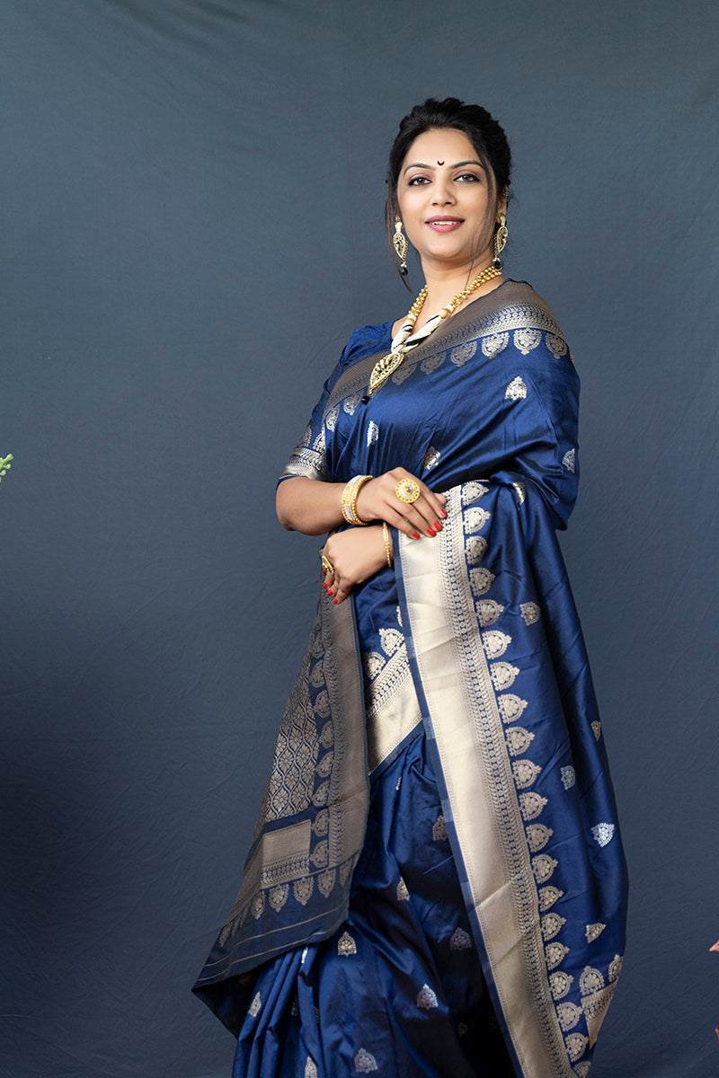 Monjolika Fashion Navy Blue Banarasi Silk Blend Saree with Silver Zari Border & Woven Pallu | Grocsy