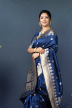 Monjolika Fashion Navy Blue Banarasi Silk Blend Saree with Silver Zari Border & Woven Pallu | Grocsy