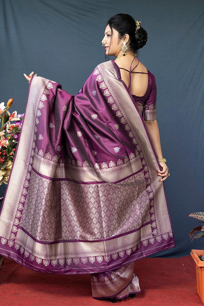 Monjolika Fashion Wine Purple Banarasi Silk Blend Saree with Silver Zari Border & Woven Pallu | Grocsy