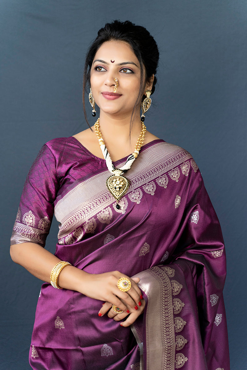 Monjolika Fashion Wine Purple Banarasi Silk Blend Saree with Silver Zari Border & Woven Pallu | Grocsy