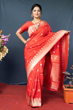 Monjolika Fashion Red Banarasi Silk Blend Saree with Silver Zari Border & Woven Pallu | Grocsy