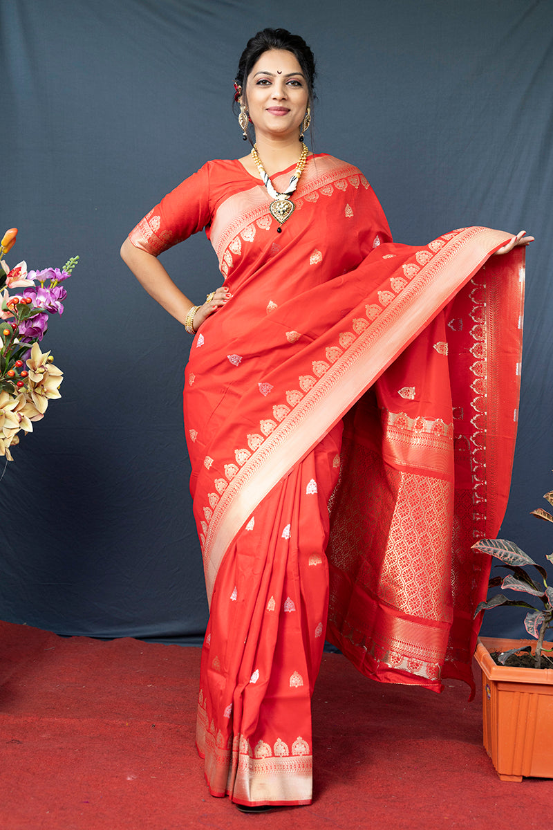 Monjolika Fashion Red Banarasi Silk Blend Saree with Silver Zari Border & Woven Pallu | Grocsy