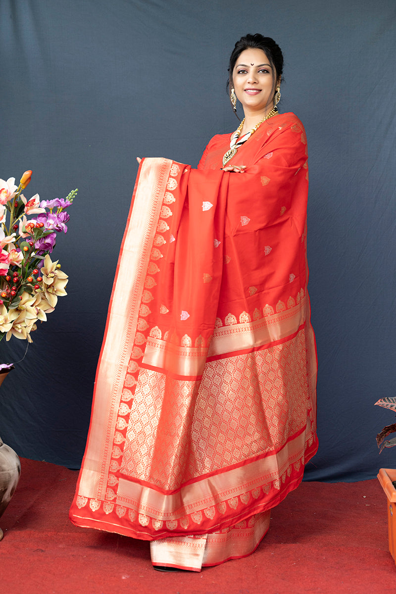 Monjolika Fashion Red Banarasi Silk Blend Saree with Silver Zari Border & Woven Pallu | Grocsy