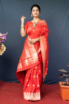 Monjolika Fashion Red Banarasi Silk Blend Saree with Silver Zari Border & Woven Pallu | Grocsy