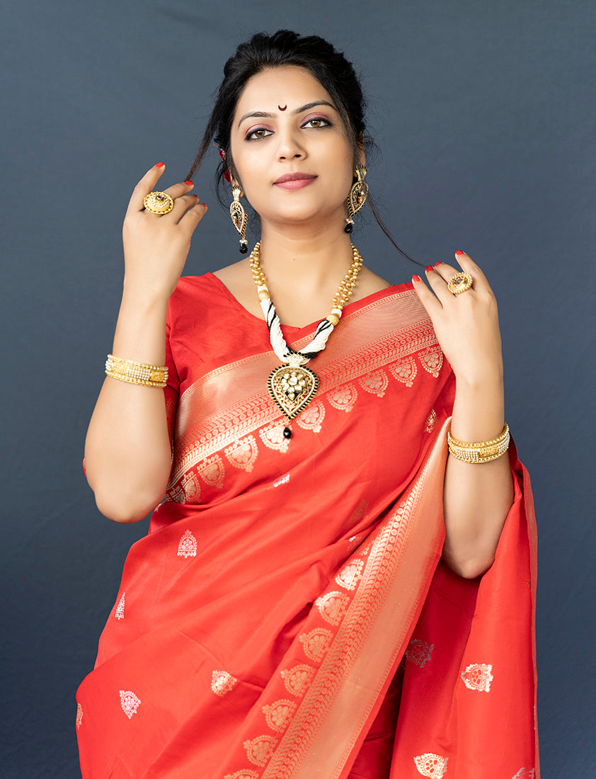 Monjolika Fashion Red Banarasi Silk Blend Saree with Silver Zari Border & Woven Pallu | Grocsy