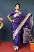 Monjolika Fashion Violet Banarasi Silk Blend Saree with Silver Zari Border & Woven Pallu | Grocsy