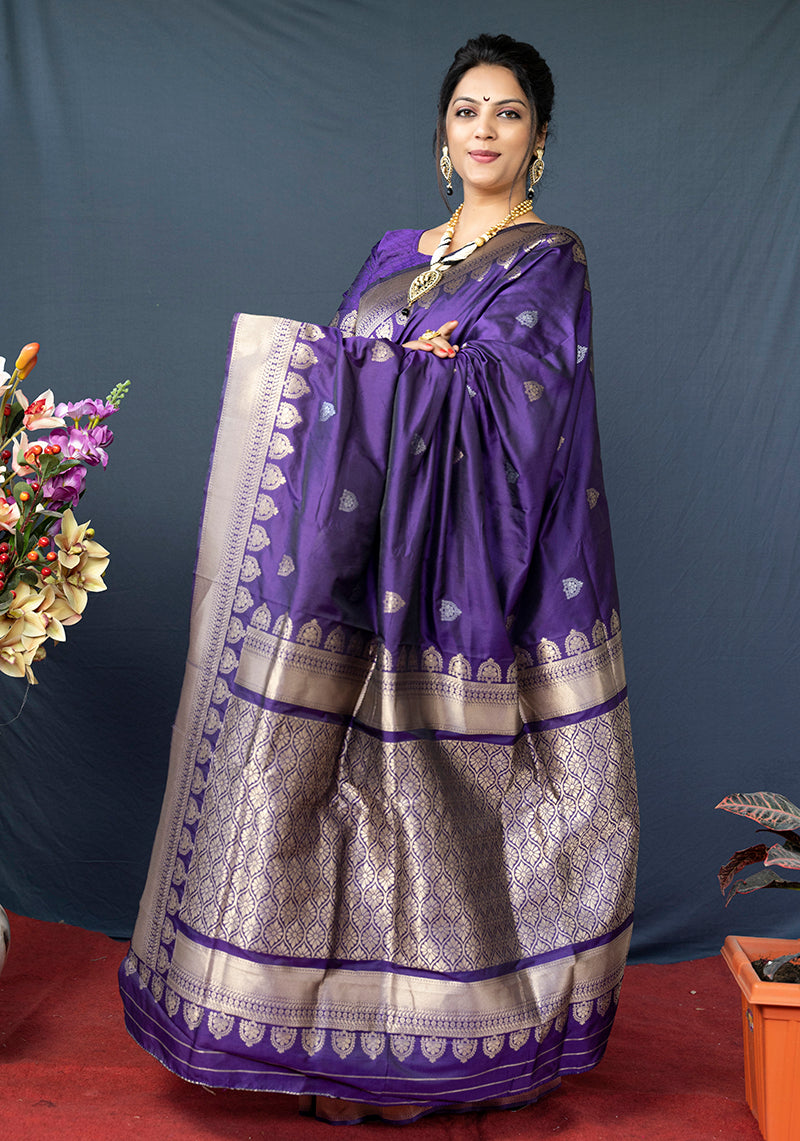 Monjolika Fashion Violet Banarasi Silk Blend Saree with Silver Zari Border & Woven Pallu | Grocsy