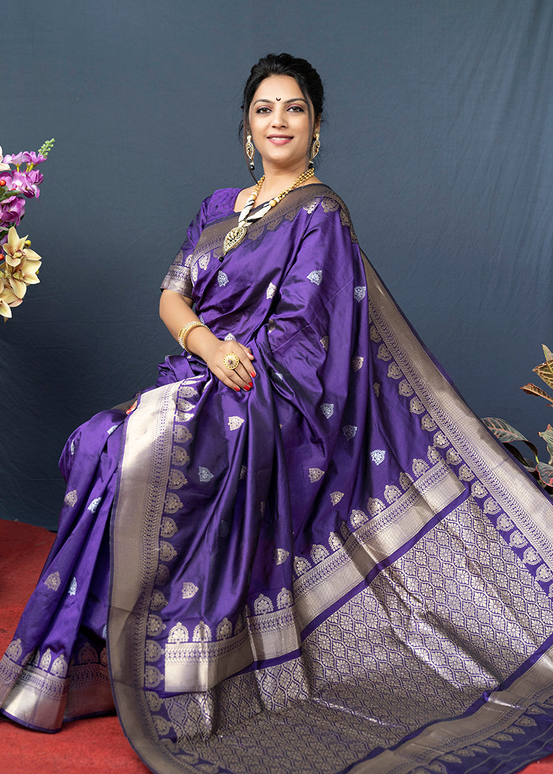 Monjolika Fashion Violet Banarasi Silk Blend Saree with Silver Zari Border & Woven Pallu | Grocsy