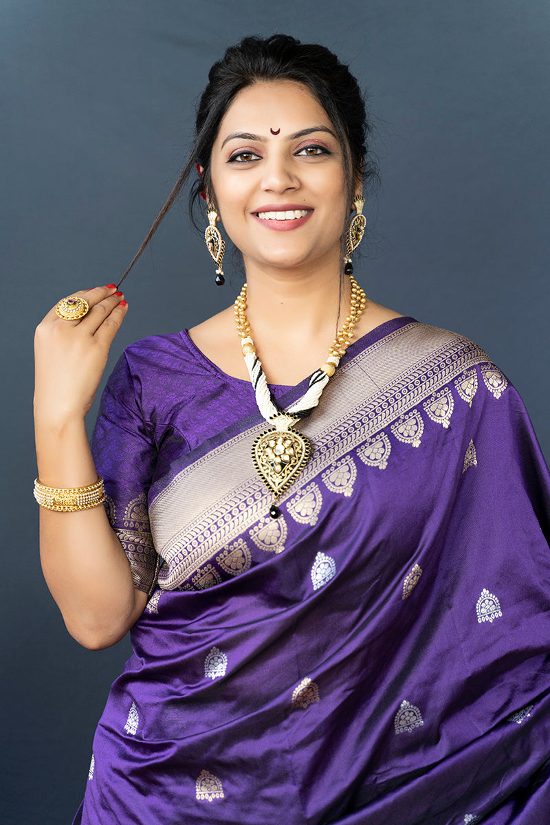 Monjolika Fashion Violet Banarasi Silk Blend Saree with Silver Zari Border & Woven Pallu | Grocsy