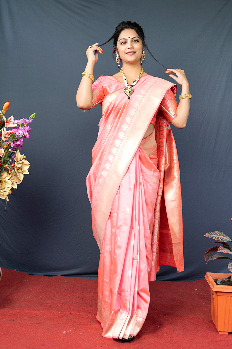 Monjolika Fashion Baby Pink Banarasi Silk Blend Saree with Silver Zari Border & Woven Pallu | Grocsy