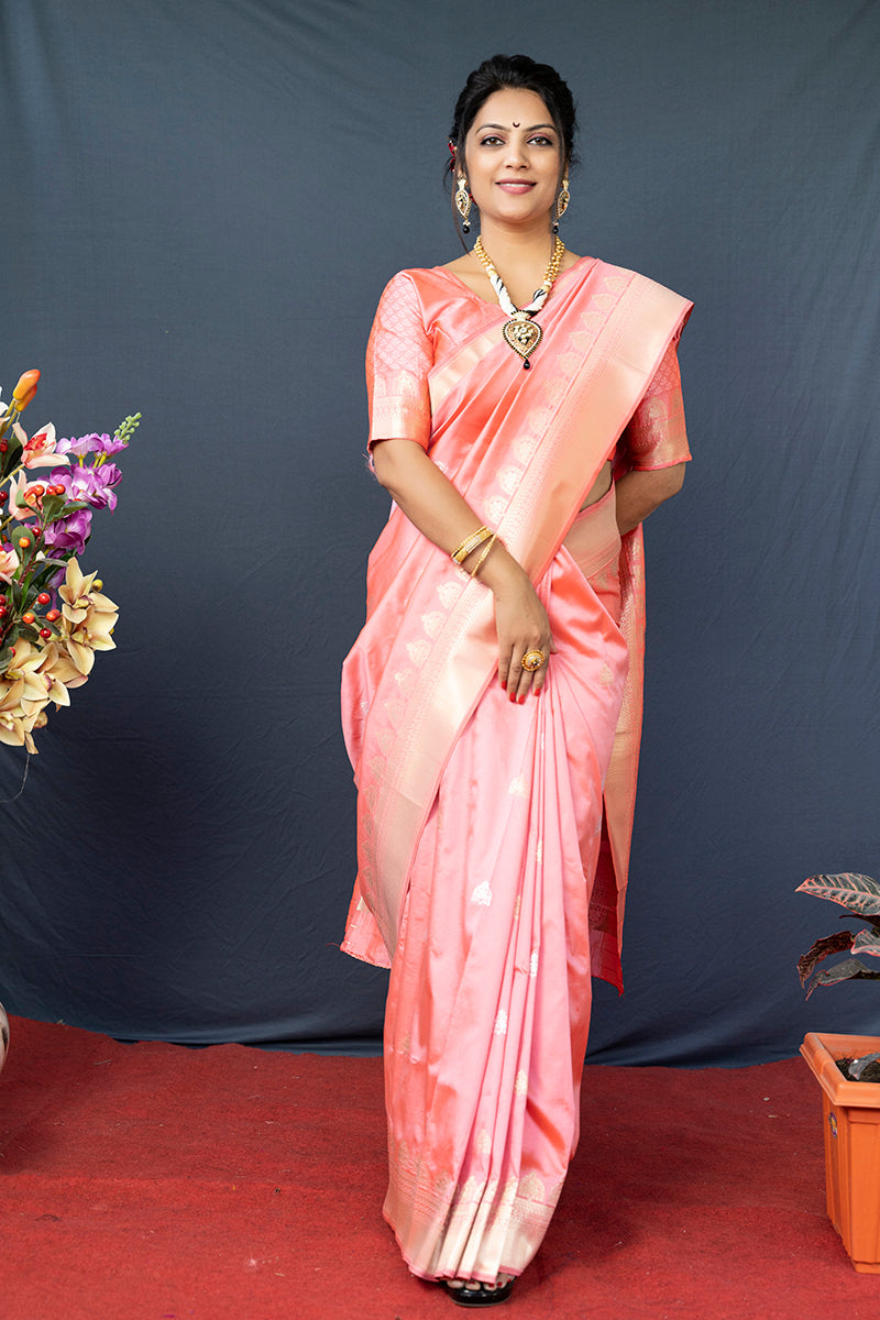 Monjolika Fashion Baby Pink Banarasi Silk Blend Saree with Silver Zari Border & Woven Pallu | Grocsy