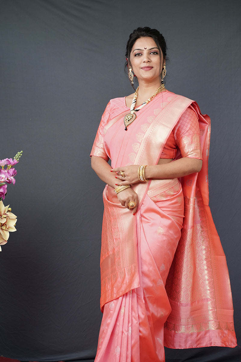 Monjolika Fashion Baby Pink Banarasi Silk Blend Saree with Silver Zari Border & Woven Pallu | Grocsy