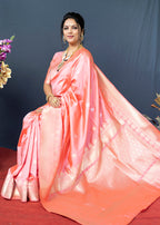 Monjolika Fashion Baby Pink Banarasi Silk Blend Saree with Silver Zari Border & Woven Pallu | Grocsy