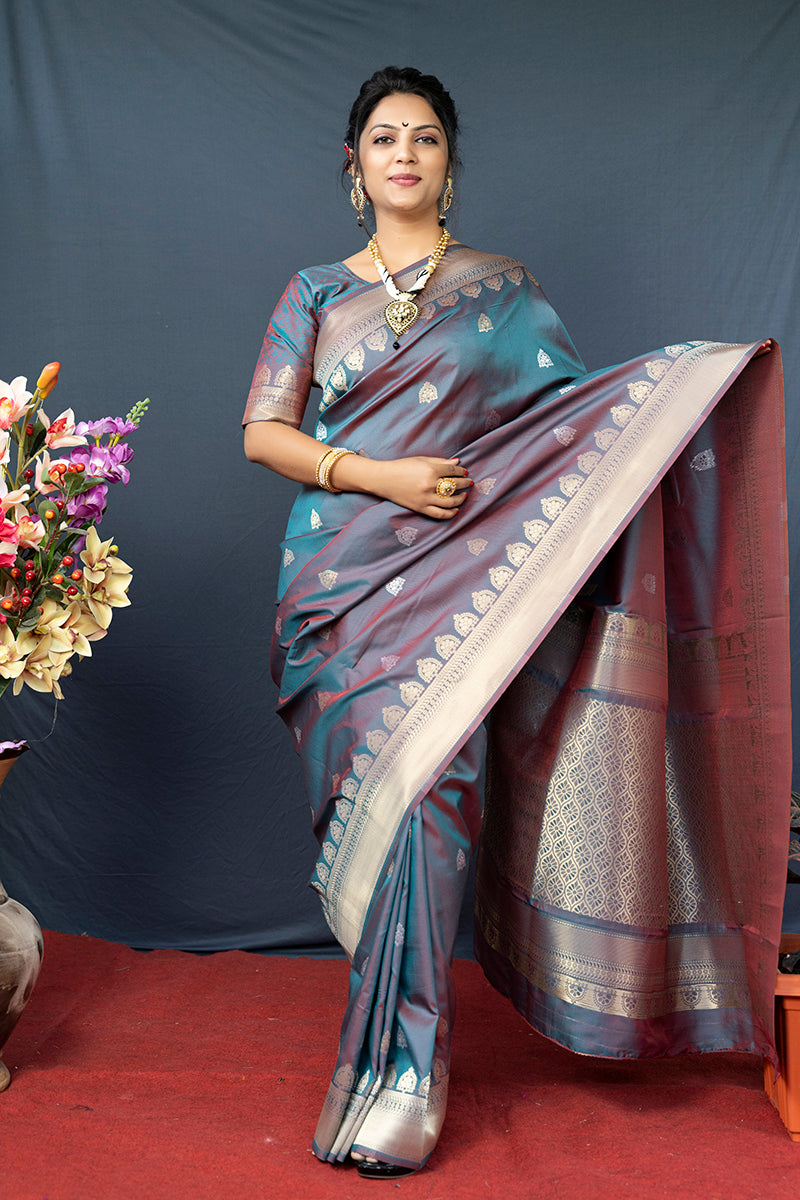 Monjolika Fashion Grey Banarasi Silk Blend Saree with Silver Zari Border & Woven Pallu | Grocsy