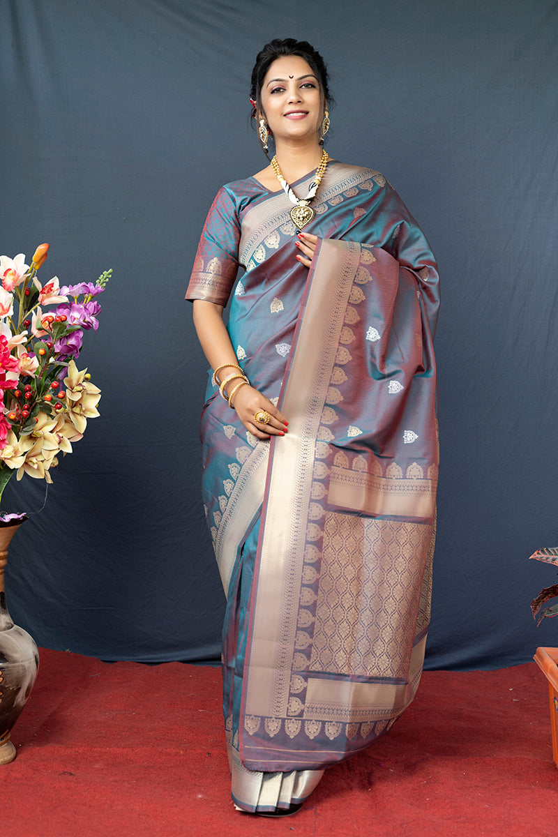 Monjolika Fashion Grey Banarasi Silk Blend Saree with Silver Zari Border & Woven Pallu | Grocsy