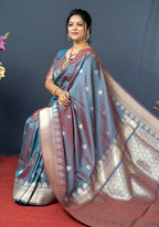 Monjolika Fashion Grey Banarasi Silk Blend Saree with Silver Zari Border & Woven Pallu | Grocsy