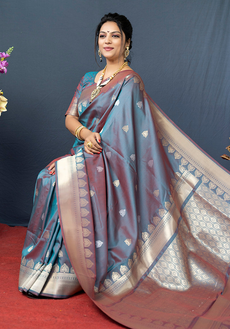 Monjolika Fashion Grey Banarasi Silk Blend Saree with Silver Zari Border & Woven Pallu | Grocsy