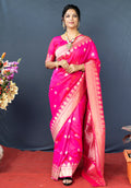 Monjolika Fashion Rani Pink Banarasi Silk Blend Saree with Silver Zari Border & Woven Pallu | Grocsy
