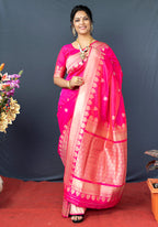 Monjolika Fashion Rani Pink Banarasi Silk Blend Saree with Silver Zari Border & Woven Pallu | Grocsy