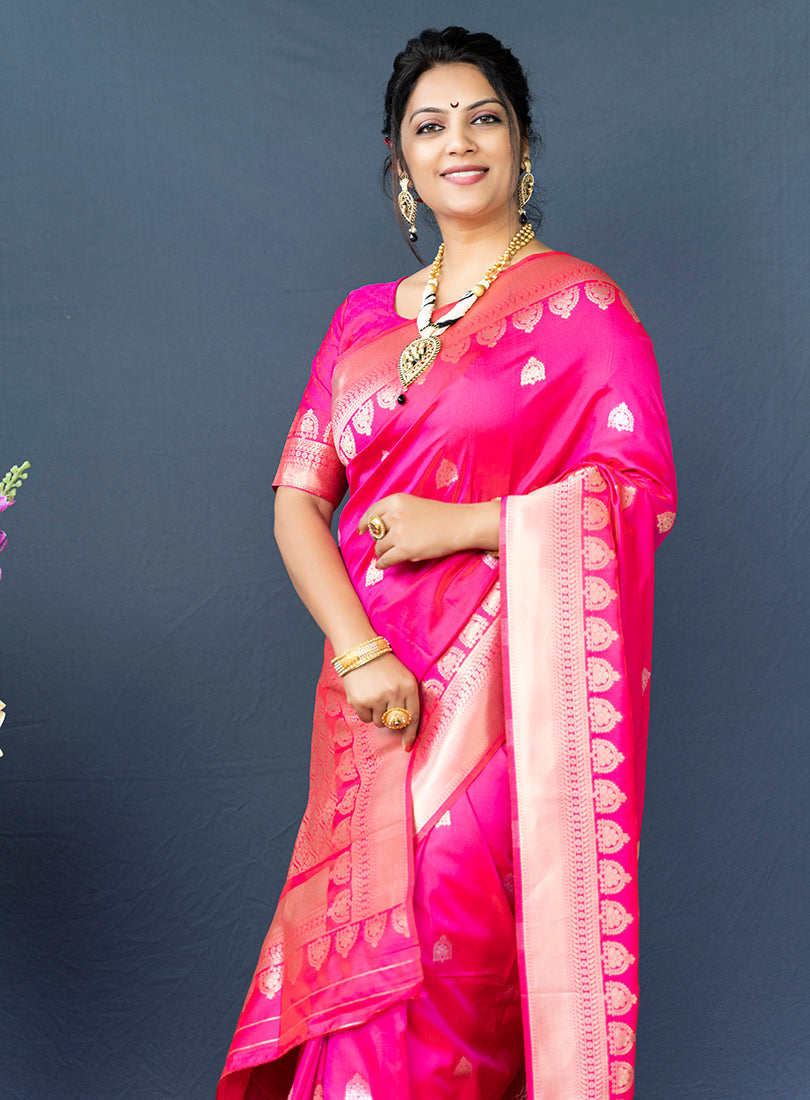 Monjolika Fashion Rani Pink Banarasi Silk Blend Saree with Silver Zari Border & Woven Pallu | Grocsy