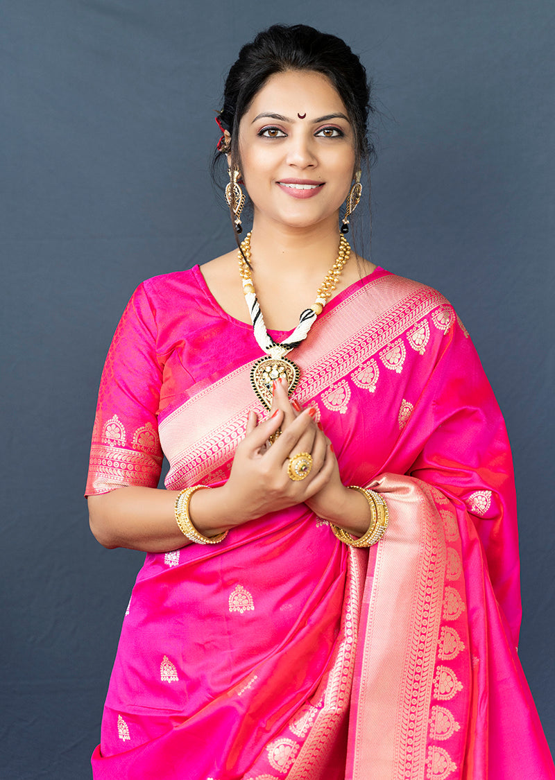 Monjolika Fashion Rani Pink Banarasi Silk Blend Saree with Silver Zari Border & Woven Pallu | Grocsy