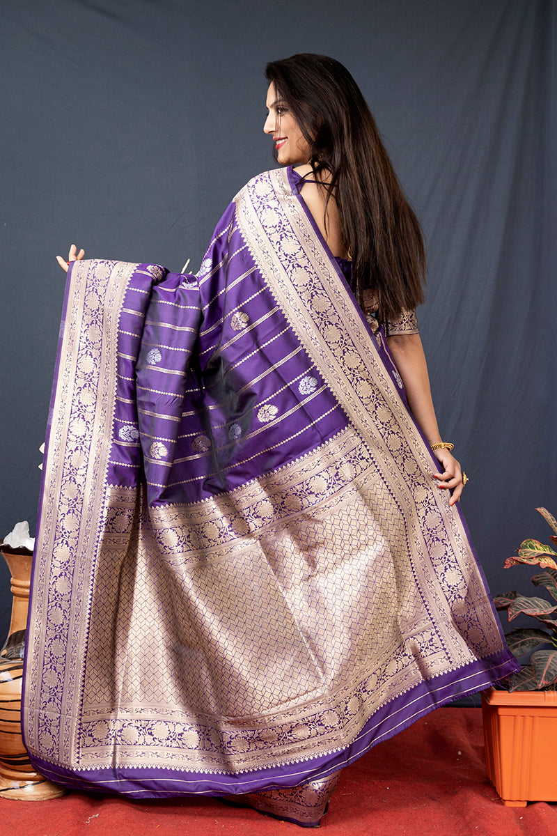 Monjolika Fashion Purple Banarasi Silk Blend Saree With Zari Border & Woven Pallu | Grocsy
