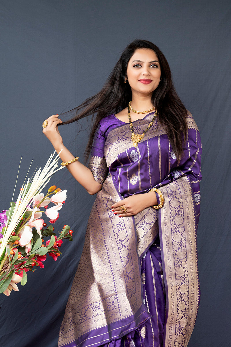 Monjolika Fashion Purple Banarasi Silk Blend Saree With Zari Border & Woven Pallu | Grocsy