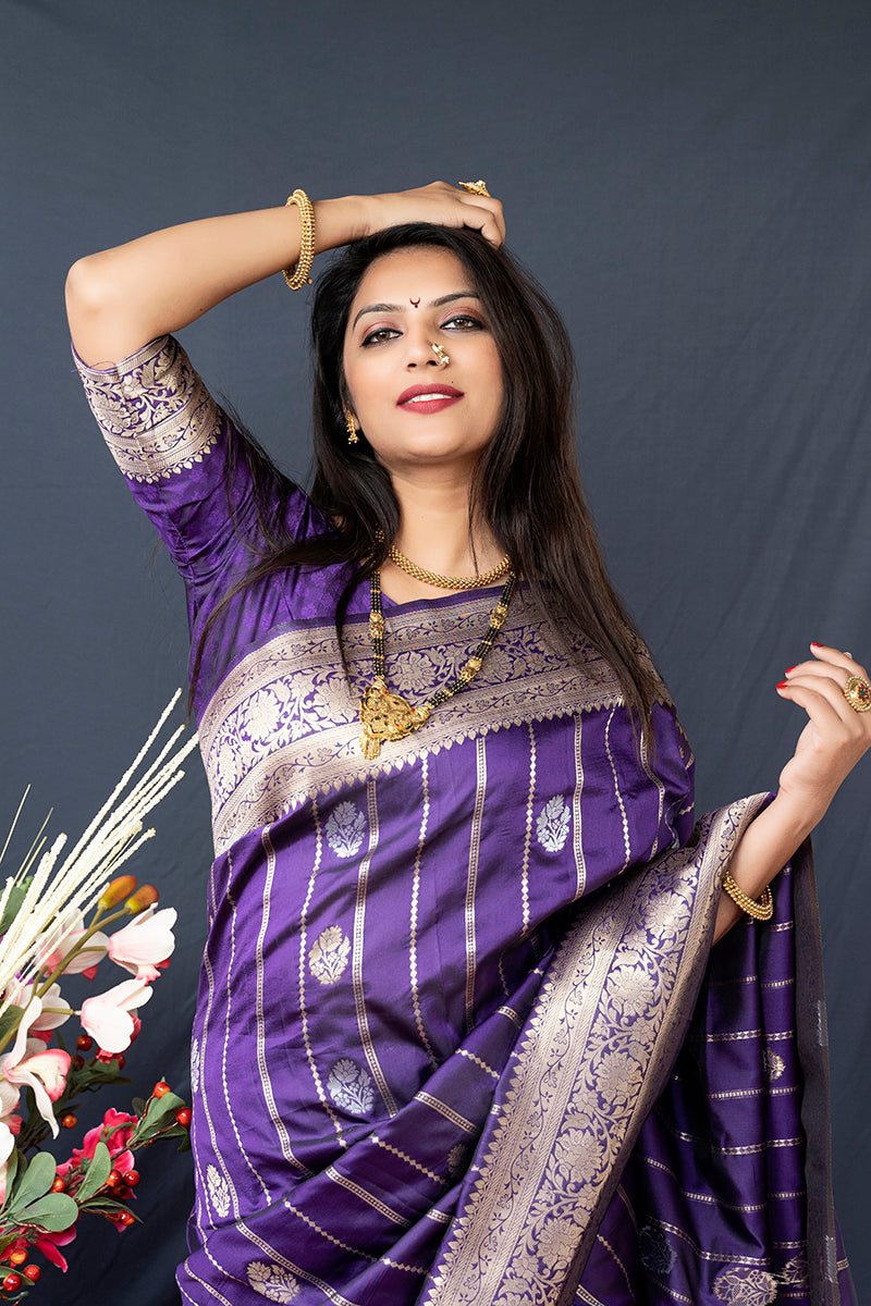 Monjolika Fashion Purple Banarasi Silk Blend Saree With Zari Border & Woven Pallu | Grocsy