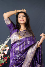 Monjolika Fashion Purple Banarasi Silk Blend Saree With Zari Border & Woven Pallu | Grocsy