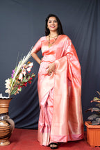 Monjolika Fashion Baby Pink Banarasi Silk Blend Saree With Zari Border & Woven Pallu | Grocsy