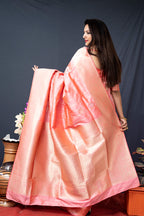 Monjolika Fashion Baby Pink Banarasi Silk Blend Saree With Zari Border & Woven Pallu | Grocsy
