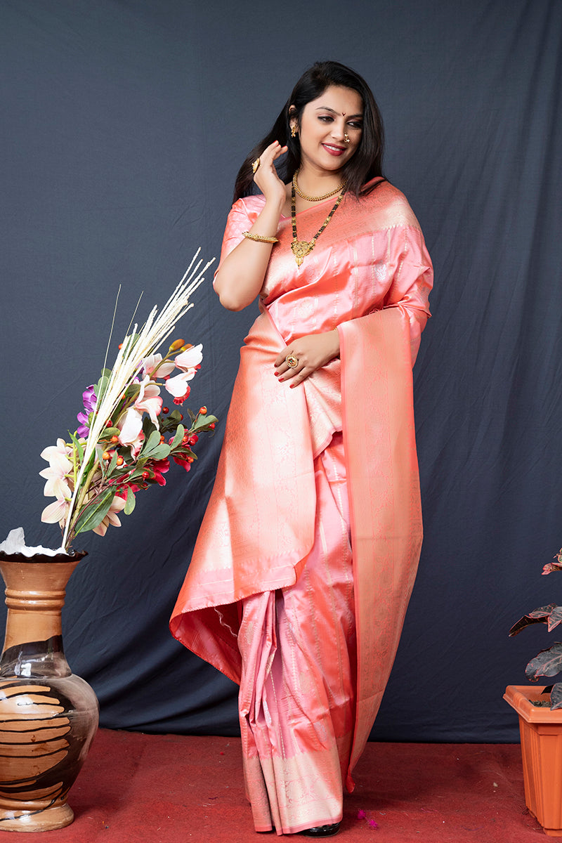 Monjolika Fashion Baby Pink Banarasi Silk Blend Saree With Zari Border & Woven Pallu | Grocsy