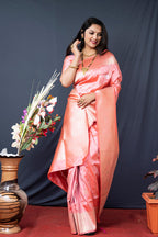 Monjolika Fashion Baby Pink Banarasi Silk Blend Saree With Zari Border & Woven Pallu | Grocsy