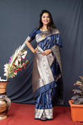 Monjolika Fashion Navy Blue Banarasi Silk Blend Saree With Zari Border & Woven Pallu | Grocsy