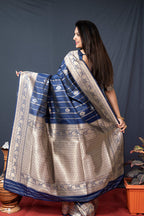 Monjolika Fashion Navy Blue Banarasi Silk Blend Saree With Zari Border & Woven Pallu | Grocsy