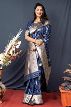 Monjolika Fashion Navy Blue Banarasi Silk Blend Saree With Zari Border & Woven Pallu | Grocsy