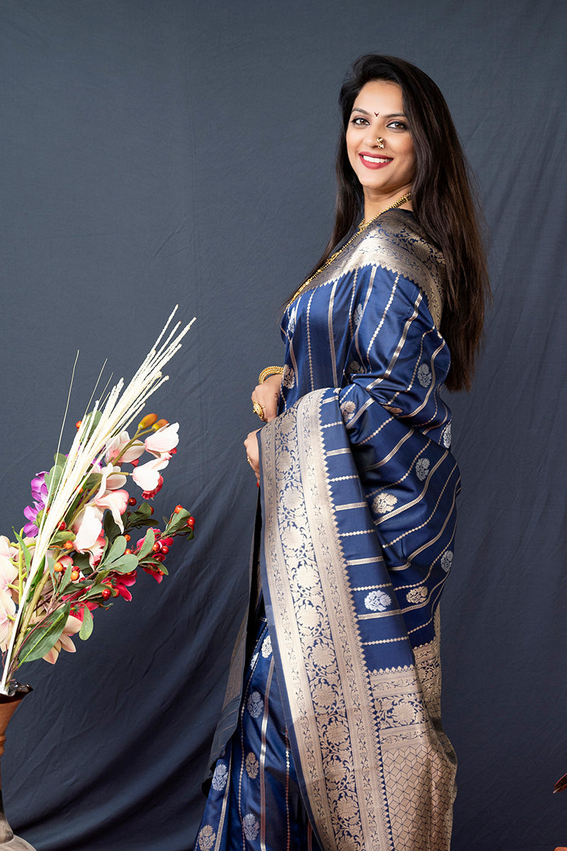 Monjolika Fashion Navy Blue Banarasi Silk Blend Saree With Zari Border & Woven Pallu | Grocsy