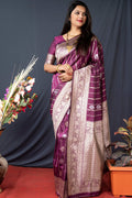 Monjolika Fashion Wine Banarasi Silk Blend Saree With Zari Border & Woven Pallu | Grocsy