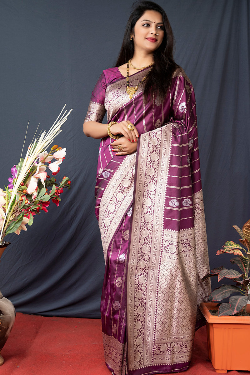 Monjolika Fashion Wine Banarasi Silk Blend Saree With Zari Border & Woven Pallu | Grocsy