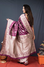 Monjolika Fashion Wine Banarasi Silk Blend Saree With Zari Border & Woven Pallu | Grocsy